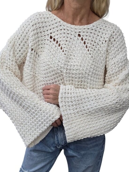 POL Sweaters - POL Crochet Sweater Cream Open Knit Cropped Bell Sleeve Boho Coastal M